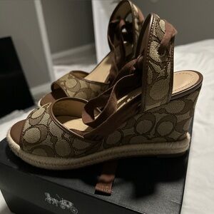 Coach Tan and Brown Patterned Wedges